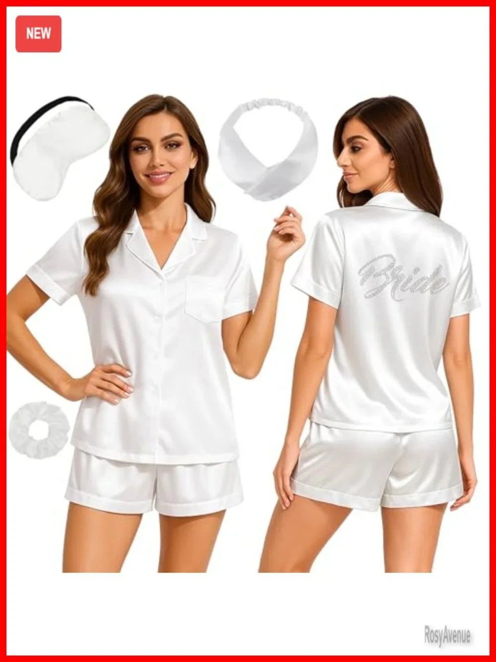 Bridal Pajama Set with Rhinestones 2pcs Silk Satin Pjs